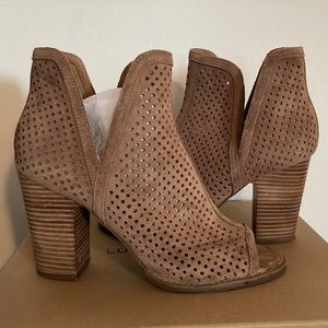 Lucky brand open toed heeled booties.